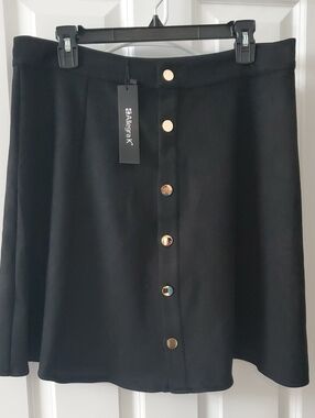 Allegra K Black A-Line Skirt with Gold Buttons